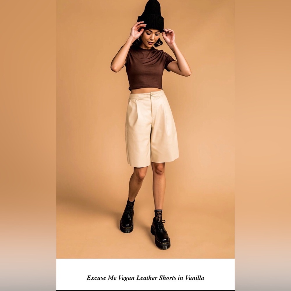 Dressed In LALA “Excuse Me Vegan Leather Shorts in Vanilla” High Rise Bermuda S - Picture 4 of 16